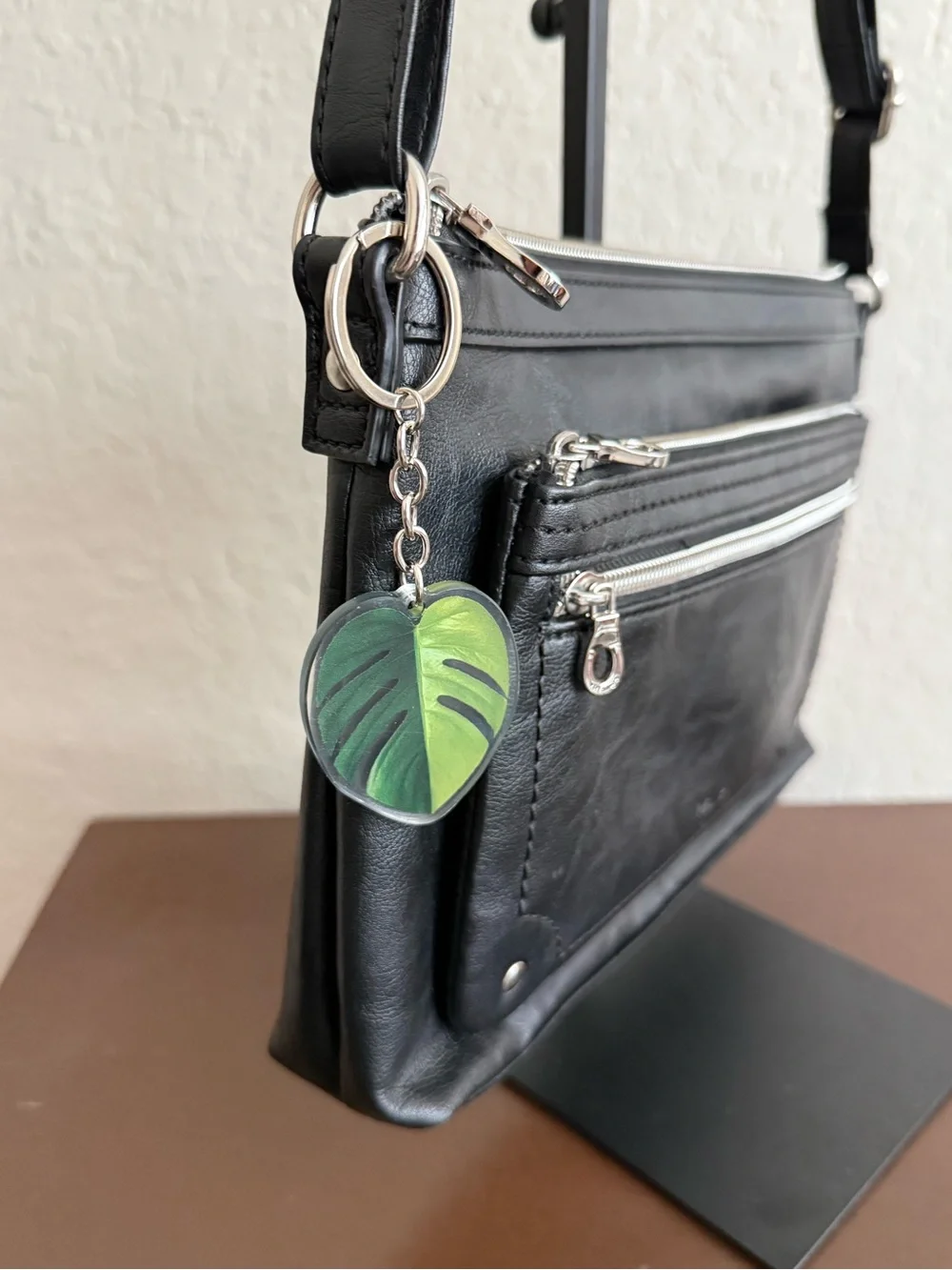 Two-Tone Monstera Leaf Keychain - Green Heart Design - Silver Hardware NEW!